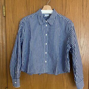 Gap Blue & White Stripe Button Down Crop Shirt, Size Medium